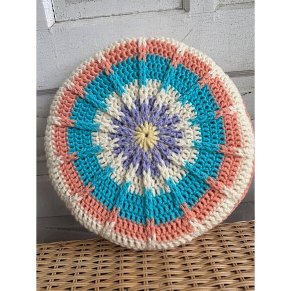 Vintage 70's Round Groovy Crochet Accent Pillow 12" Pastels - Picture 2 of 8